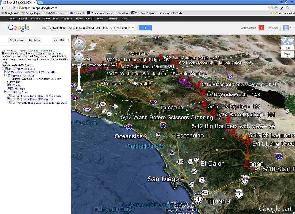 John Hartman Pacific Crest Trail hikes on Google Maps